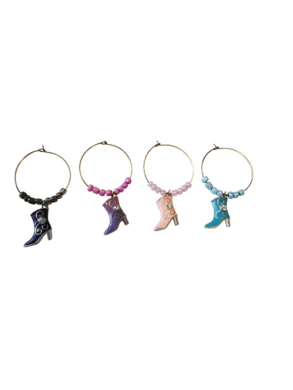 Wine Charms 1"  Charm Beads Silver Hoops Set of 4  Boots Black Purple Pink Blue